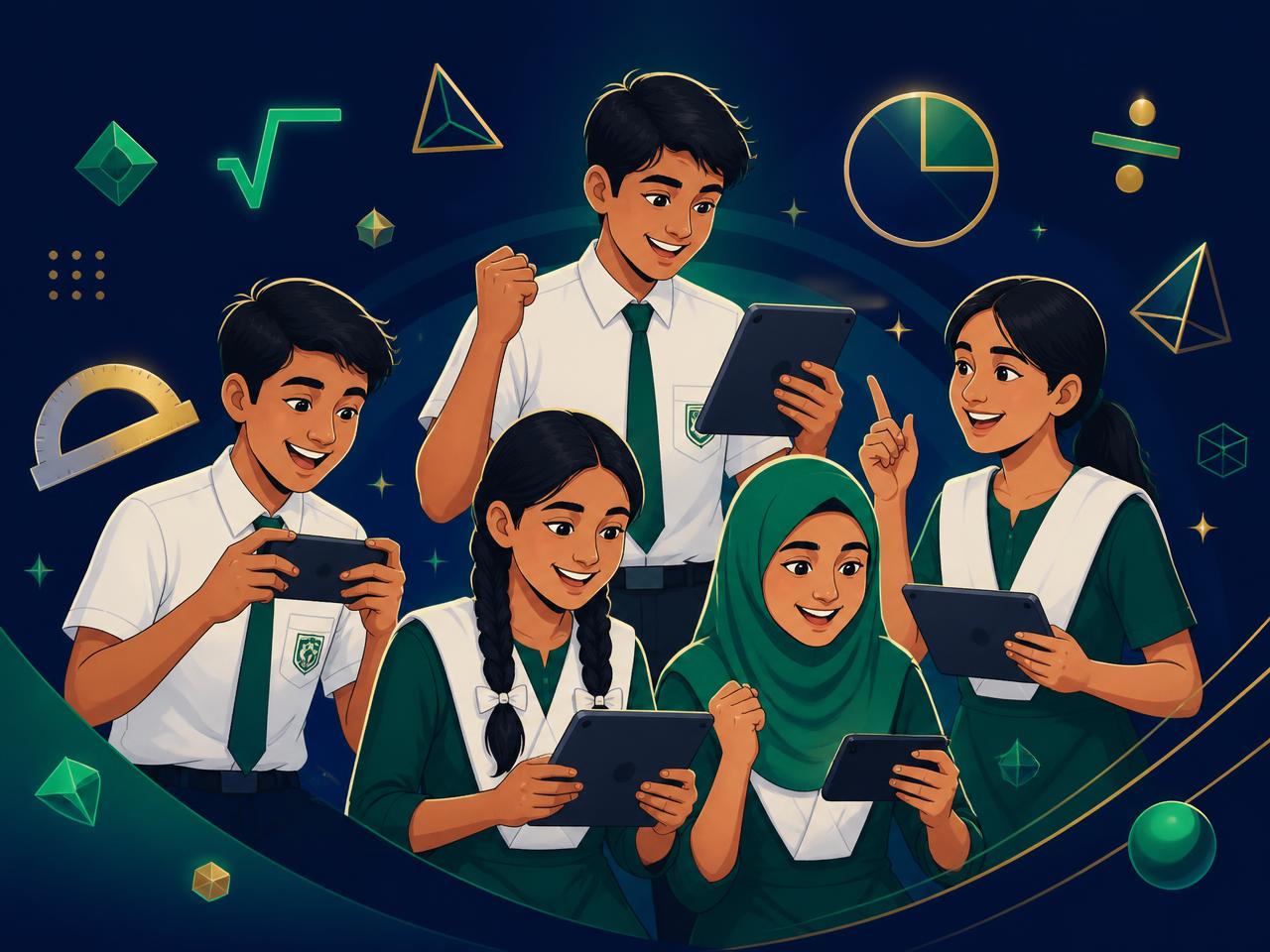 শিক্ষার্থীরা মোবাইলে গণিত কুইজে অংশ নিচ্ছে